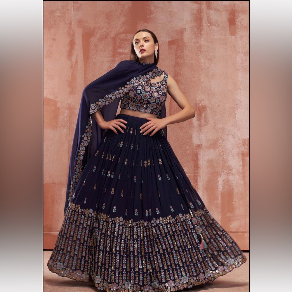 NWT Dark Blue Floral Embroidered Lehenga Set